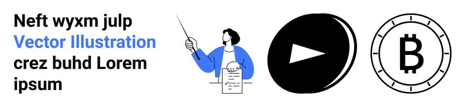 Educator with pointer and document, play button icon, Bitcoin symbol coin, te 스톡 일러스트