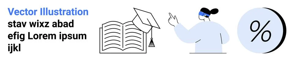 Educator pointing to a large open book with graduation cap. Percentage symbol Stock Illustration