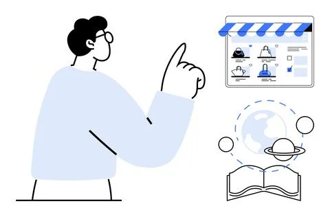 Educator Pointing At Online Learning Resources and Knowledge Expansion Concep Stock Illustration