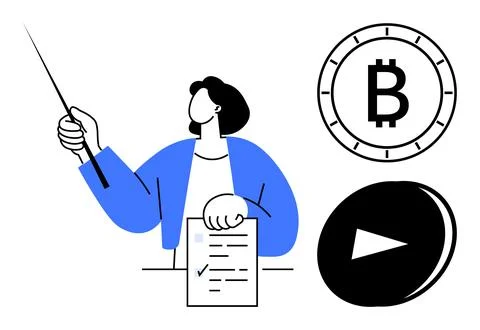 Educator Presenting Cryptocurrency Concepts Using Bitcoin Symbol and Document Stock Illustration