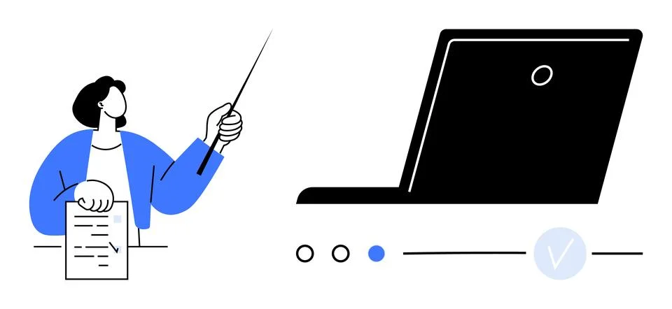 Educator Presenting on Laptop during Virtual Lesson with Pointer and Notes Stock Illustration