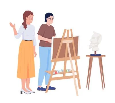 Educator teaching student portrait drawing semi flat color vector characters Stock Illustration