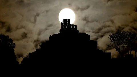 Edzna Mayan Pyramid by Night with Dark Atmosphere, Fog, Smoke and Moon, Mexico Stock Footage 241690850