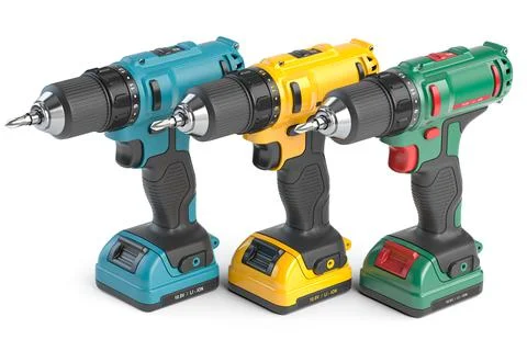 Eectric screwdrivers drills of different types isolated on white. Stock Illustration