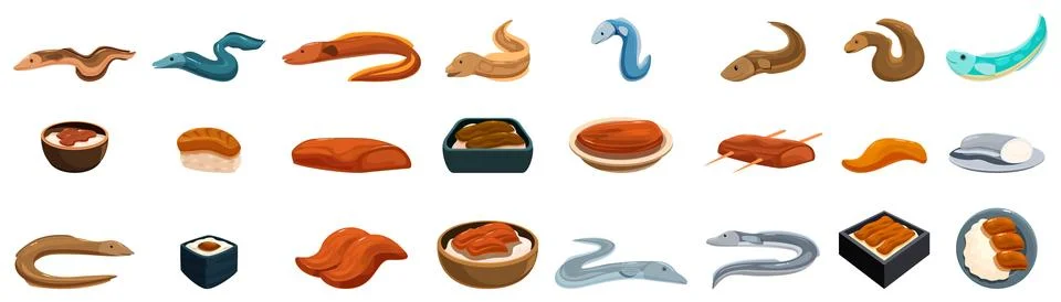 Eel fish icons set. Eel sushi and unagi nigiri set representing japanese cu.. Stock Illustration