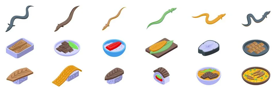 Eel fish icons set. Eel dishes and several eel species swimming gracefully Stock Illustration