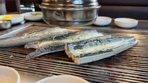 Eel Pieces Roasting on Charcoal Grill Under Exhaust Hood Stock Footage 337548412