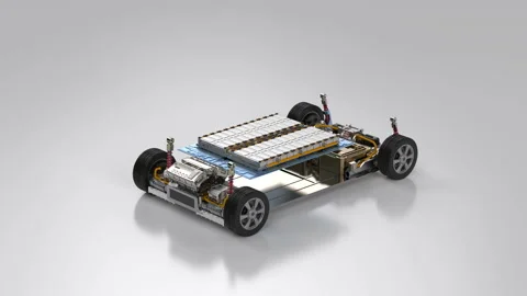 Eelectric car with pack of battery cells module on platform 4k footage Stock Footage 221599119