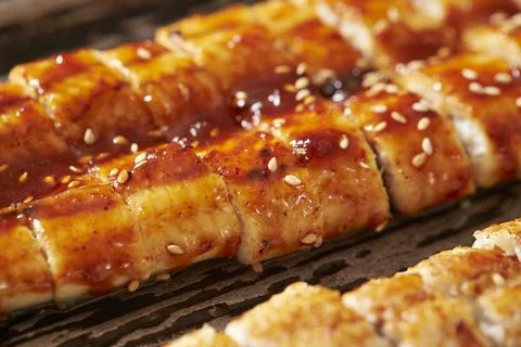 Eels split and broiled grilled in soy, broiled eels Stock Photos