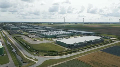 Eemshaven Data Center Complex Aerial on Sunny Day - The Netherlands Stock Footage 314637615