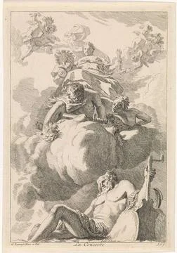 . Eend in the clouds, with the cornucopia and with a forest arrows in her ... Stock Photos