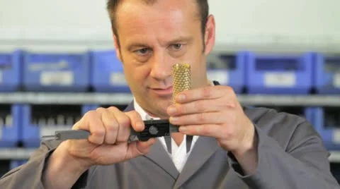 Eengineer measuring, looks satisfied Vídeo Stock 11899503