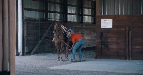 Eequestrian instructor lifting young student onto horseback Stock Footage 98304967