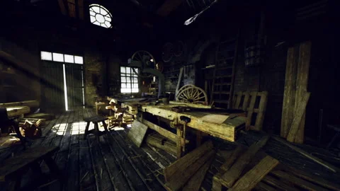 Eerie carpentry workshop featuring decayed furniture and rusty machinery Vidéo 342436094