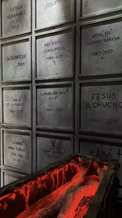 Eerie Crypt Wall with Glowing Coffin Illuminates Somber Atmosphere 스톡 동영상 327397855