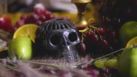 Eerie Elegance: Skull and Fruit Still Life in a Dark and Moody World Stock Footage 252580947