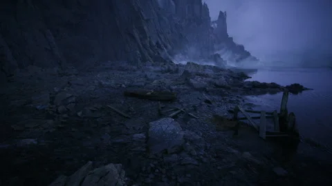 Eerie seaside scene. Foreboding seashore under navy sky at low light Stock Footage 333555203