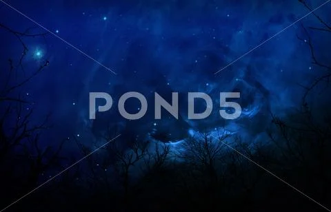 Eerie silhouette forest in blue night sky Stock Illustration