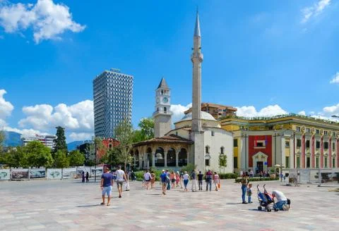 Efem Bay Mosque, Clock Tower, Plaza Hotel on Skanderbeg Square, Tirana, Albania Stock Photos