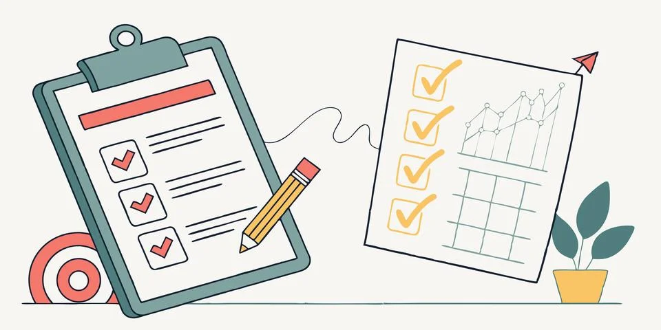 Effective business planning checklist, task management, goals, and progress Illustrazione stock