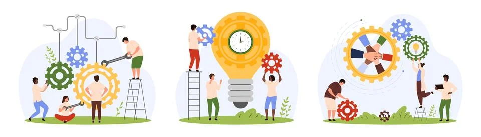 Effective cooperation, tech product support by tiny people and software Stock Illustration