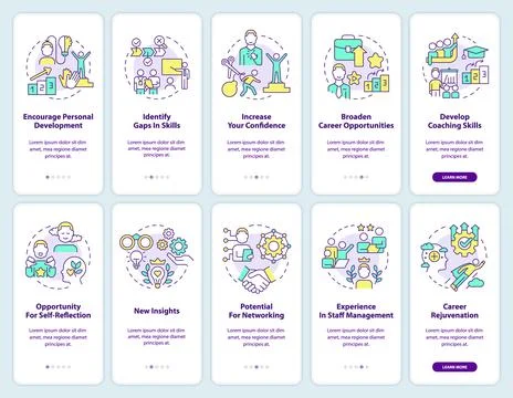 Effective mentoring program signs onboarding mobile app screen set 스톡 일러스트