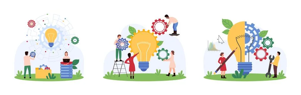 Effective solution, smart idea development, tiny people check gears inside light イラスト素材