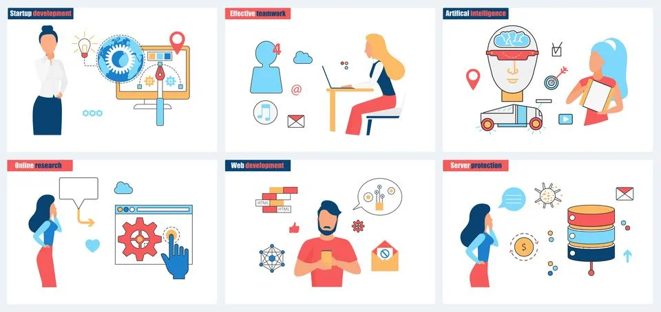 Effective teamwork for startup development, AI for online research and server 스톡 일러스트