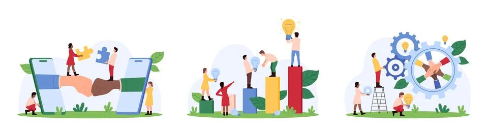 Effective teamwork of strong dedicated corporate team, tiny people building work Illustrazione stock