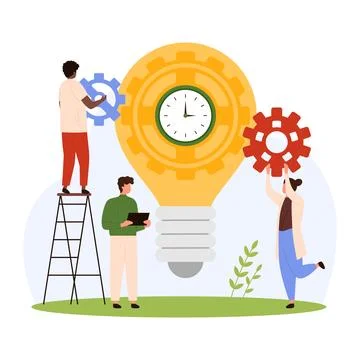 Effective tech solution, time management in teamwork by tiny people holding Stock Illustration