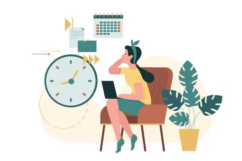 Effective time management and planning life time, home work for woman sitting Ilustración de archivo