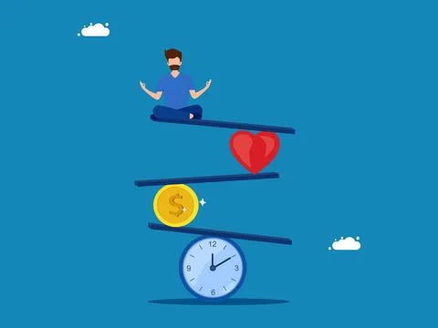 Effective time management. man balancing work on clock, heart and coins Stock Illustration