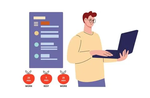 Effective time management. Man work with computer, pomodoro technique for Illustrazione stock