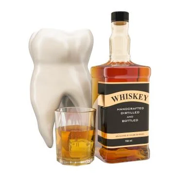 The Effects of Alcohol on Teeth concept. Tooth with alcohol drink. 3D renderi Illustrazione stock