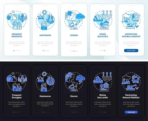 Effects of climate change night, day mode onboarding mobile app screen 库存插图
