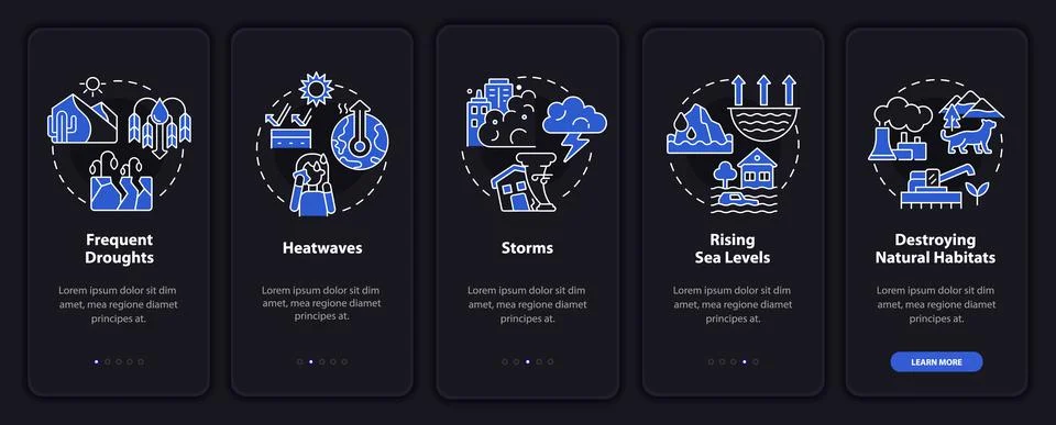 Effects of climate change night mode onboarding mobile app screen Illustrazione stock