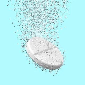 Effervescent pill falling with bubbles 3D illustration Stock Illustration