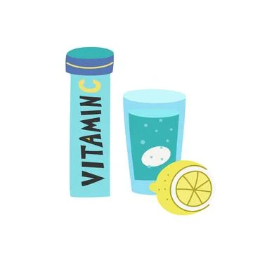 Effervescent soluble tablet pills whit vitamin C. Hand-drawn vector illustr.. Stock Illustration