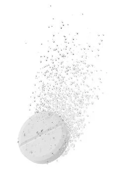 Effervescent tablet with bubbles isolated on white. 3D rendering illustration 库存插图