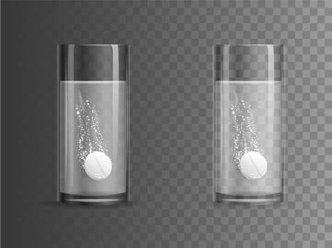 Effervescent tablet dissolves in glass beaker mockup. Realistic white pill with Stock Illustration