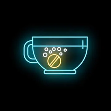 Effervescent tablet dissolving in water cup neon icon Stockillustratie