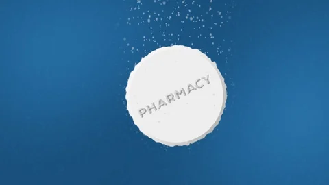 Effervescent Tablet with Pharmacy Text Dissolving in Water Animation. With Sound Stock Footage 128935416