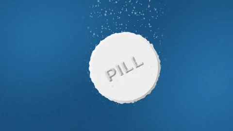 Effervescent Tablet with Pill Text Dissolving in Water Animation. With Sound Video stock 128935519