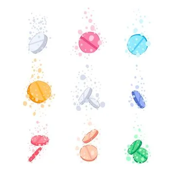 Effervescent tablets dissolving in water creating fizzing bubbles Stock Illustration