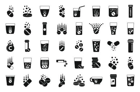 Effervescent tablets icons set simple vector. Water pill Stock Illustration