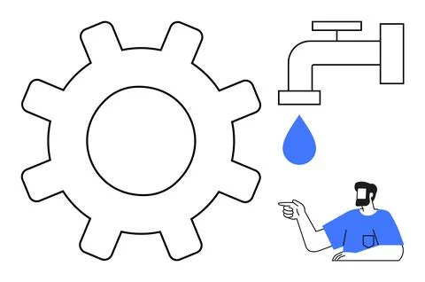 Efficiency and Resource Management Concept with Gear, Faucet, Water Drop, a.. Stock Illustration
