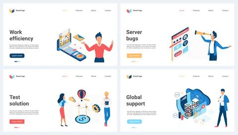 Efficiency of global support, server bugs test set, tiny people fix tech errors Stock Illustration
