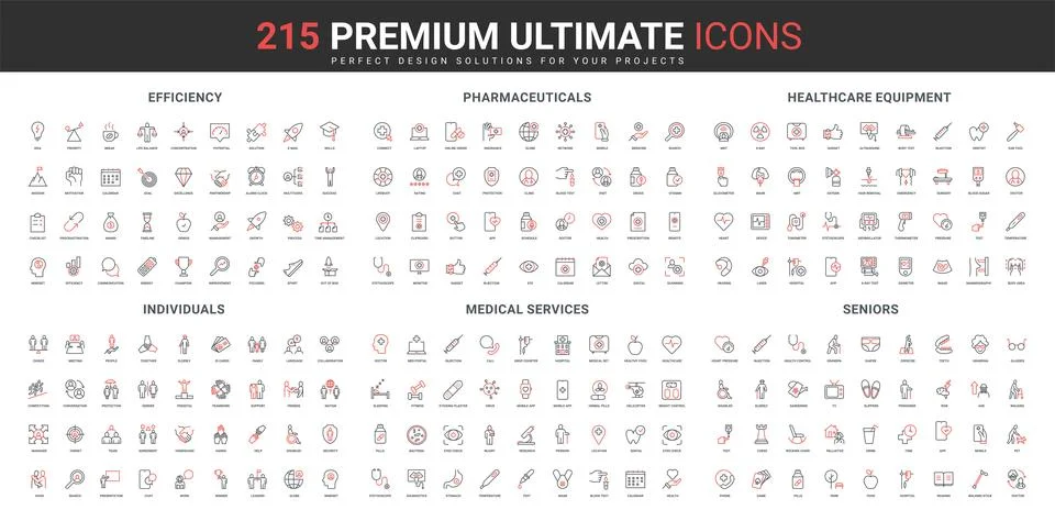 Efficiency of idea and solution, pharmacy, medical care, community, elderly line Stock Illustration