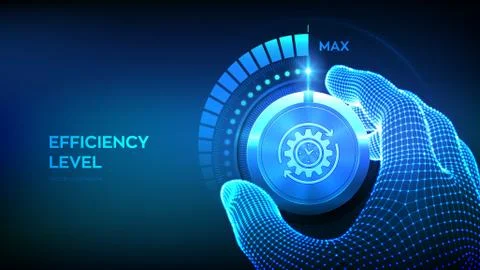 Efficiency levels knob button. Increasing Efficiency Level. Wireframe hand tu Stock Illustration