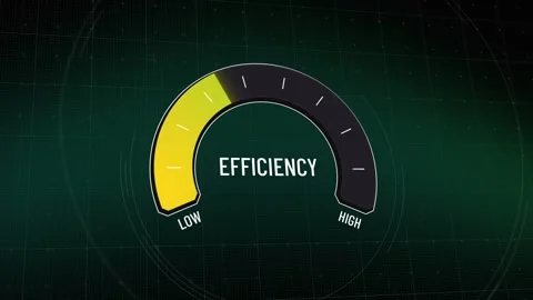 Efficiency meter presentation, performance gauge moving from low to high, con Stock Footage 318742653